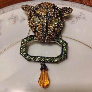 Huge Unsigned Crystal & Rhinestone Tiger Brooch Jungle Bling Brooch